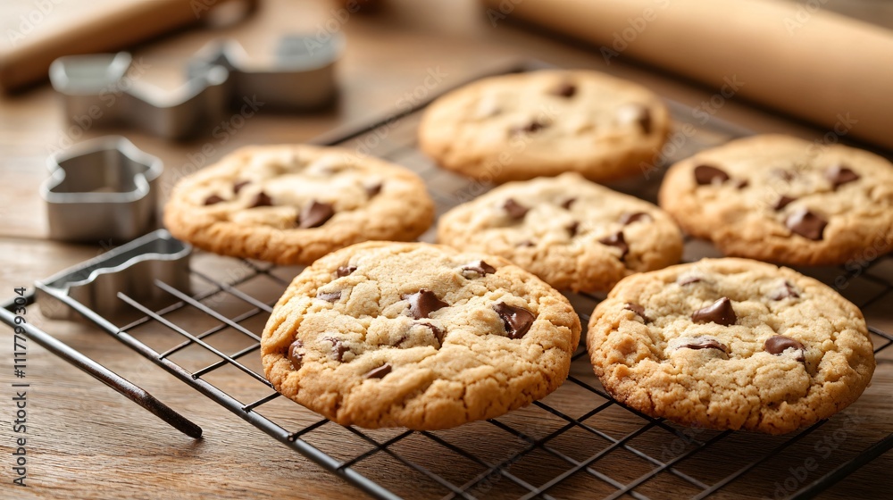 Cookies placed on a wire rack, surrounded by baking tools like a rolling pin and cookie cutters on a rustic wooden table Cookies placed on a wire rack, surrounded by baking tools like a rolling pin and cookie cutters on a rustic wooden table