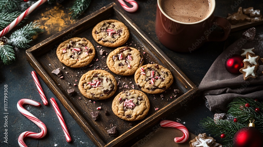 Cookies on a rustic tray, surrounded by fresh peppermint leaves, candy cane sticks, and a mug of steaming hot chocolate Cookies on a rustic tray, surrounded by fresh peppermint leaves, candy cane sticks, and a mug of steaming hot chocolate