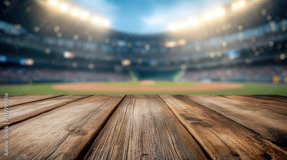 Obraz premium Rustic wooden table surface with a dreamy, blurred view of a brightly lit baseball stadium behind it.