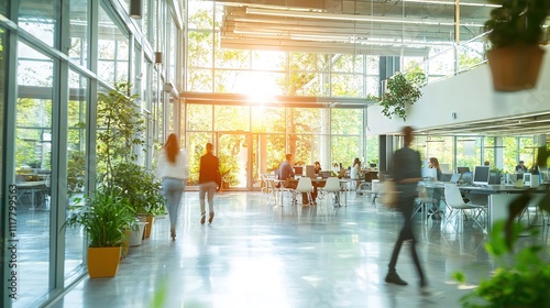 Modern open office with glass walls, natural light, greenery, and people walking and working in a collaborative environment