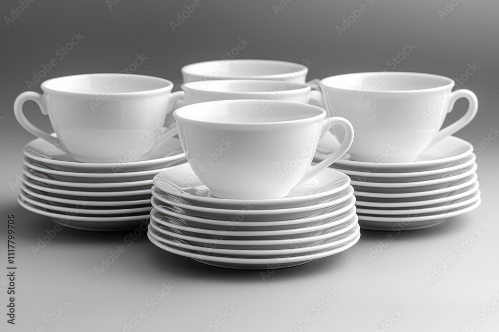 A collection of cups and saucers stacked vertically, with multiple layers A collection of cups and saucers stacked vertically, with multiple layers
