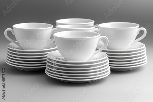 A collection of cups and saucers stacked vertically, with multiple layers