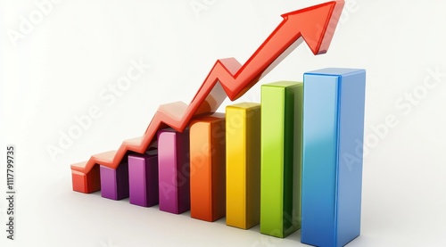 A colorful bar chart with a red arrow pointing upwards. The chart is made up of different colored bars, each representing a different category. The chart is meant to show a trend or growth over time