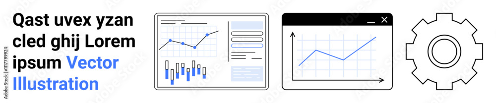 Graphs with rising trends, bar charts, and gear icon for data analytics, optimization, and technology theme. Ideal for business analytics, technical solutions, performance, and statistical analysis Graphs with rising trends, bar charts, and gear icon for data analytics, optimization, and technology theme. Ideal for business analytics, technical solutions, performance, and statistical analysis