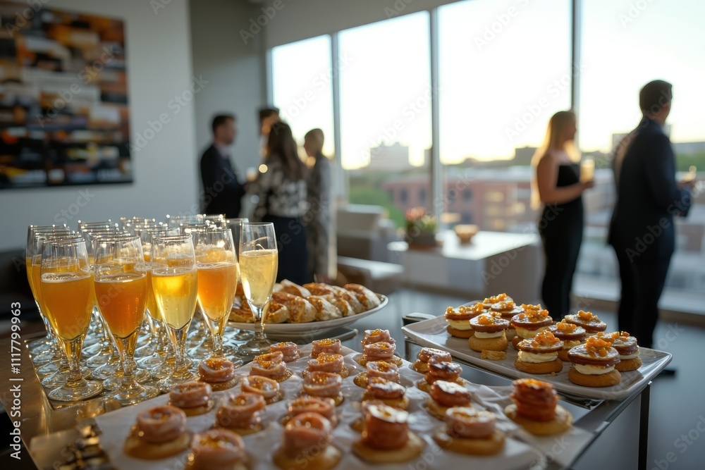 A group of people are gathered around a table with a variety of food and drinks, including champagne and pastries. The atmosphere is social and relaxed, with people mingling and enjoying the spread A group of people are gathered around a table with a variety of food and drinks, including champagne and pastries. The atmosphere is social and relaxed, with people mingling and enjoying the spread
