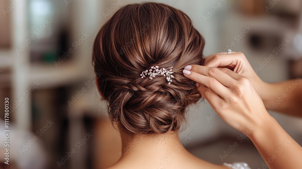 Naklejka premium The image shows a woman getting her hair styled for a wedding. The stylist is putting a jeweled hair piece in her hair. The woman appears to be relaxed.