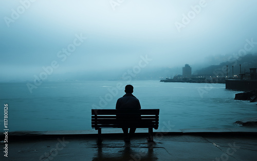 A solitary figure sits on a seaside bench, facing away from the viewer. A distant cityscape is shrouded in fog, mirroring the gloomy sky.