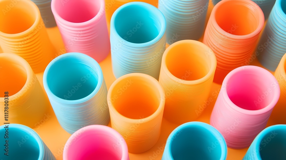 Colorful, stacked silicone cups arranged in a playful pattern, showcasing vibrant hues of pink, blue, orange, and yellow against a bright background.