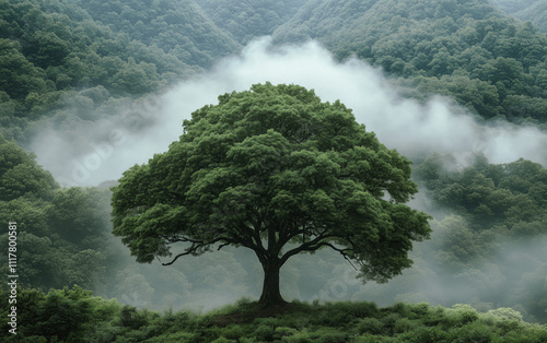 A solitary oak tree, shrouded in mist, stands tall in a vast, verdant forest, captured in a majestic aerial view. photo