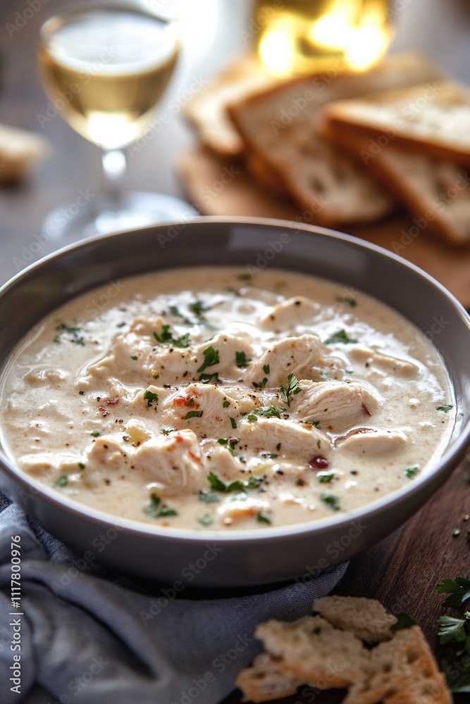 Creamy chicken stew in gray bowl with fresh parsley garnish, served near sliced bread and blurred wine glass in background Creamy chicken stew in gray bowl with fresh parsley garnish, served near sliced bread and blurred wine glass in background