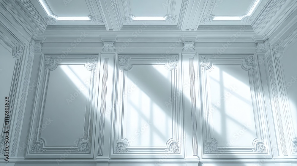 Fototapeta premium Elegant White Interior with Natural Light and Intricate Wall Design