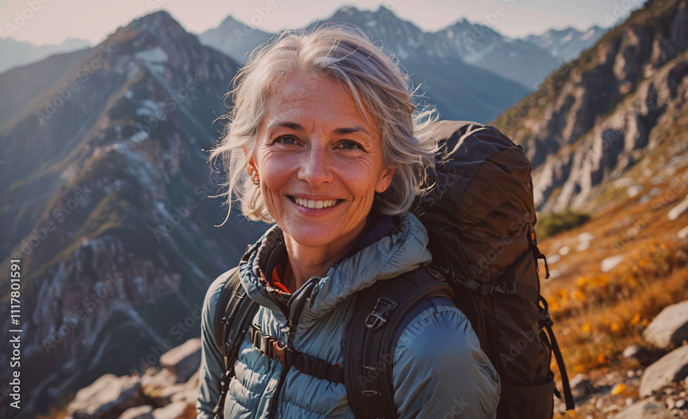 A woman with a backpack is smiling at the camera. She is wearing a blue jacket and she is enjoying her time outdoors A woman with a backpack is smiling at the camera. She is wearing a blue jacket and she is enjoying her time outdoors