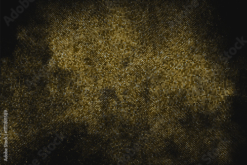 Gold Glitter Halftone Dotted Backdrop. Abstract Circular Retro Pattern. Pop Art Style Background. Golden Explosion of Confetti. Digitally Generated Image. Vector Illustration, EPS 10.