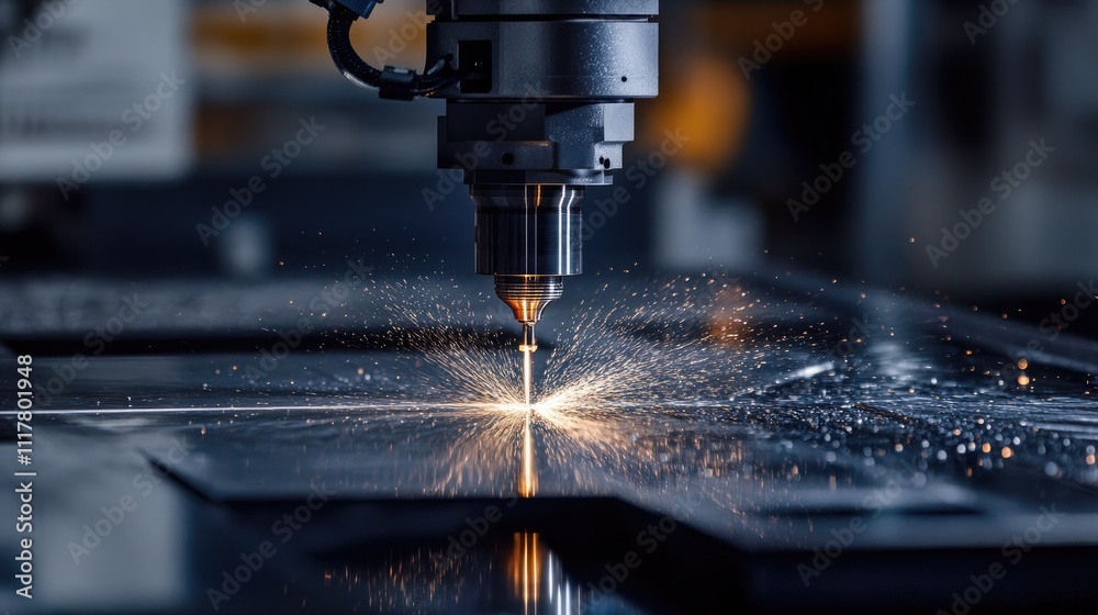 Laser cutting metal sheet with sparks in industrial workshop Laser cutting metal sheet with sparks in industrial workshop