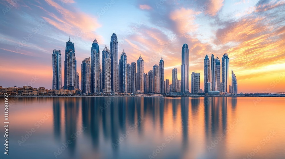 Modern Skyscrapers Reflected in Calm Water at Sunset in Dubai Modern Skyscrapers Reflected in Calm Water at Sunset in Dubai