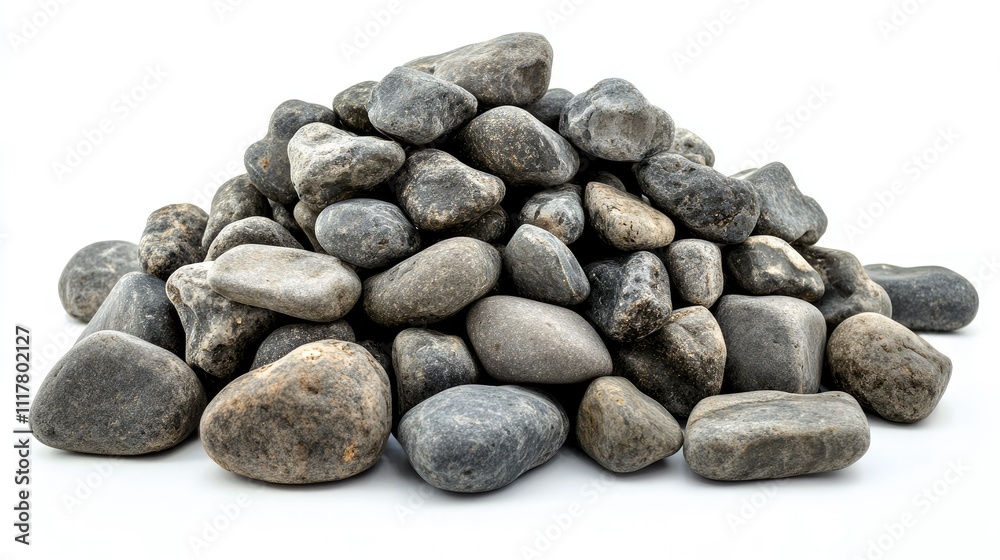 Side view of a neatly stacked pile of smooth gray rocks, isolated on a bright white background. Side view of a neatly stacked pile of smooth gray rocks, isolated on a bright white background.