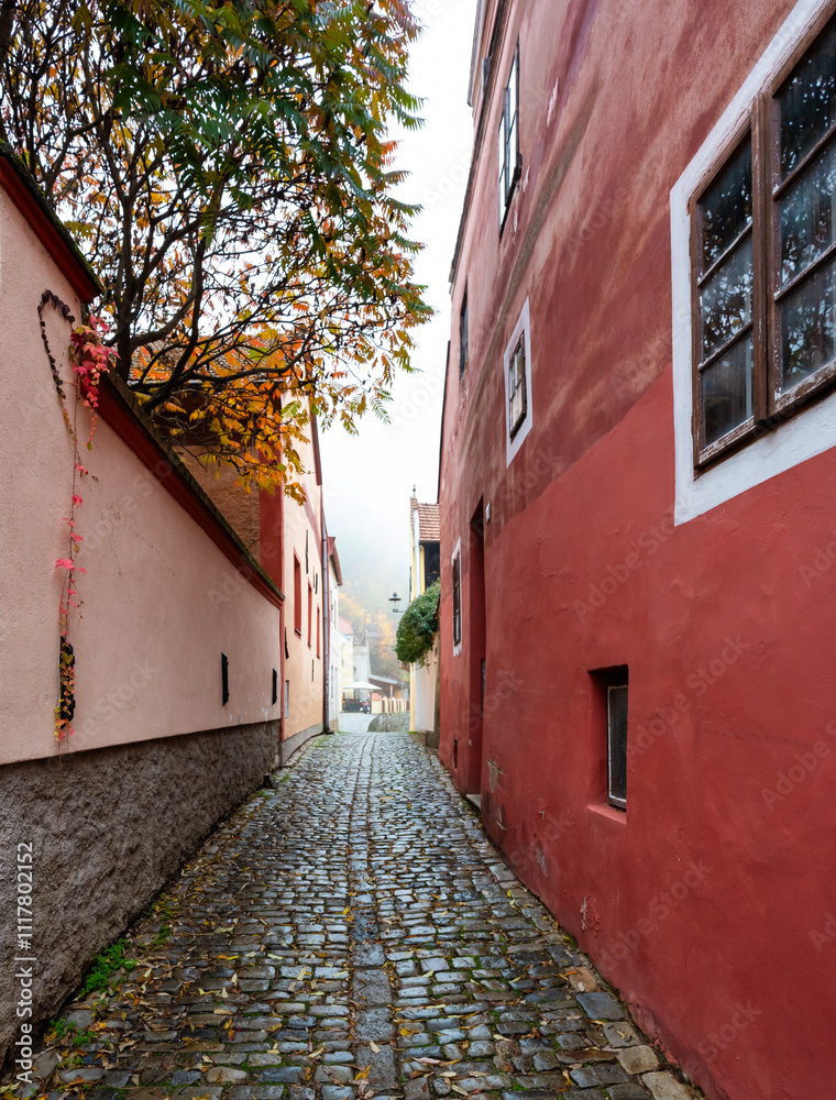 A charming view of narrow streets and old Baroque buildings in Cesky Krumlov, showcasing the towns historic character, architectural beauty, and timeless atmosphere