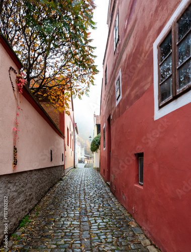 A charming view of narrow streets and old Baroque buildings in Cesky Krumlov, showcasing the towns historic character, architectural beauty, and timeless atmosphere