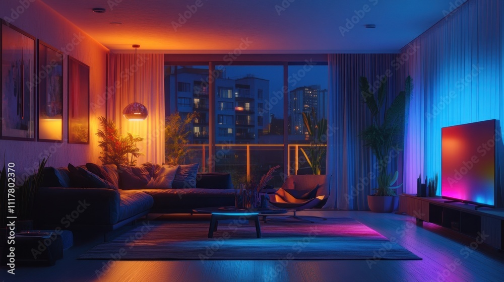 Modern Living Room with Colorful Lights and City View