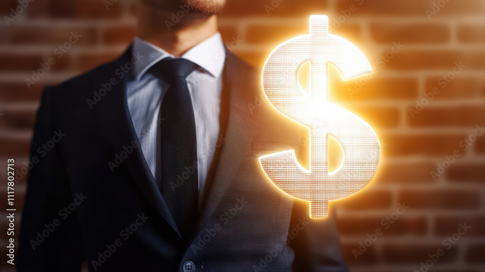 businessman in suit stands confidently with glowing dollar sign, symbolizing wealth and success. warm lighting enhances professional atmosphere businessman in suit stands confidently with glowing dollar sign, symbolizing wealth and success. warm lighting enhances professional atmosphere