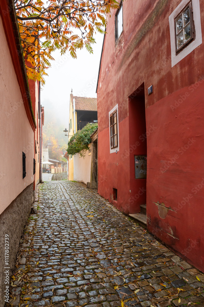 A charming view of narrow streets and old Baroque buildings in Cesky Krumlov, showcasing the towns historic character, architectural beauty, and timeless atmosphere