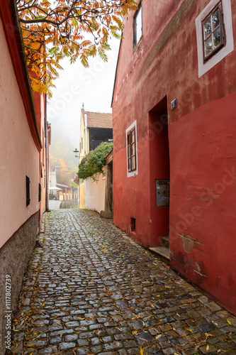Obraz na płótnie A charming view of narrow streets and old Baroque buildings in Cesky Krumlov, showcasing the towns historic character, architectural beauty, and timeless atmosphere w salonie