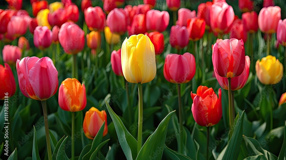 Vibrant Tulip Field in Full Bloom with Mixed Colors and Green Leaves Vibrant Tulip Field in Full Bloom with Mixed Colors and Green Leaves
