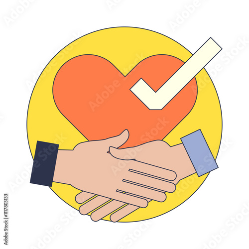 Two hands shaking with a heart and checkmark, symbolizing trust and agreement.