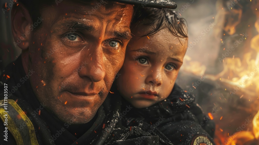 Firefighter holding rescued child in his arms, both covered in soot and rain, after rescuing her from a burning building, copyspace for text Firefighter holding rescued child in his arms, both covered in soot and rain, after rescuing her from a burning building, copyspace for text