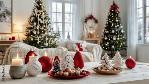 White wooden table adorned with festive Christmas decorations and a blurred cozy living room backdrop, High Resolution