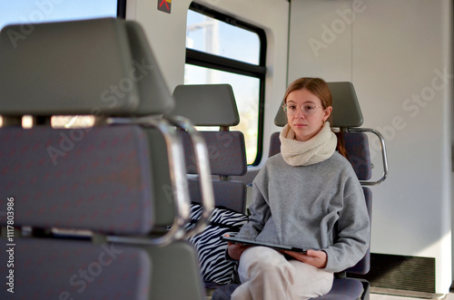 A girl wearing glasses sits on a train and holding a tablet.