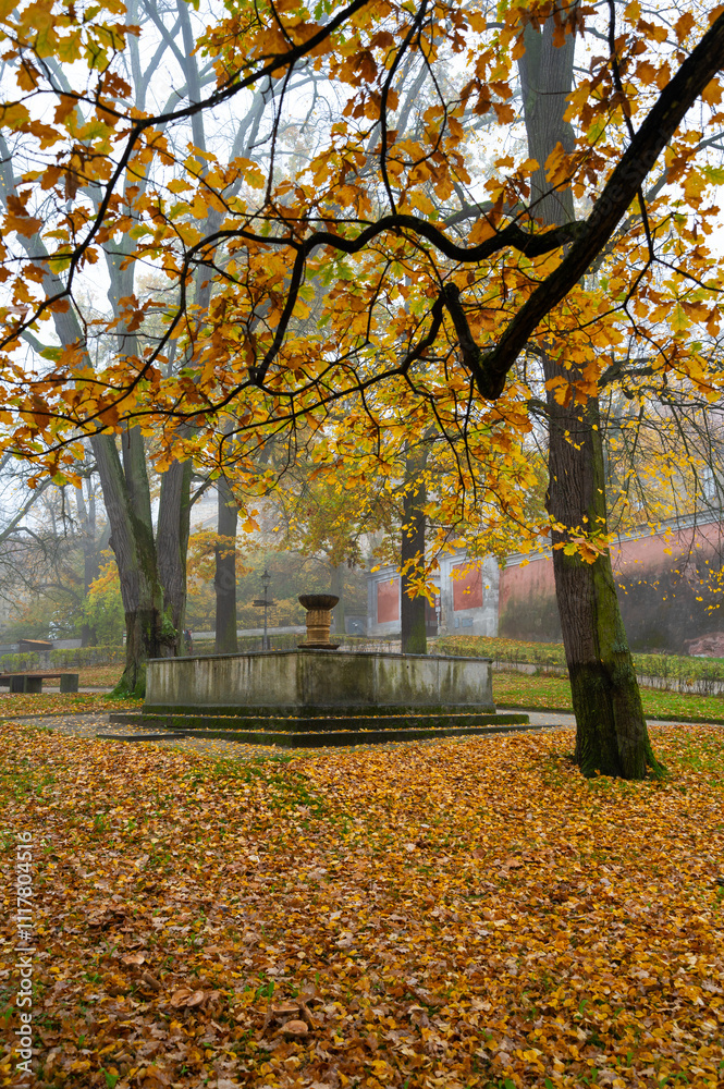 A beautiful autumn scene of the fountain in front of Cesky Krumlov Castle, surrounded by trees with golden leaves, blending nature and historic architecture in a serene atmosphere