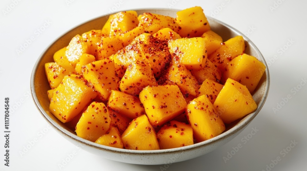 Bright yellow sliced mango served with a little chili powder in a white ceramic bowl, a refreshing and healthy food on an isolated white background. Bright yellow sliced mango served with a little chili powder in a white ceramic bowl, a refreshing and healthy food on an isolated white background.