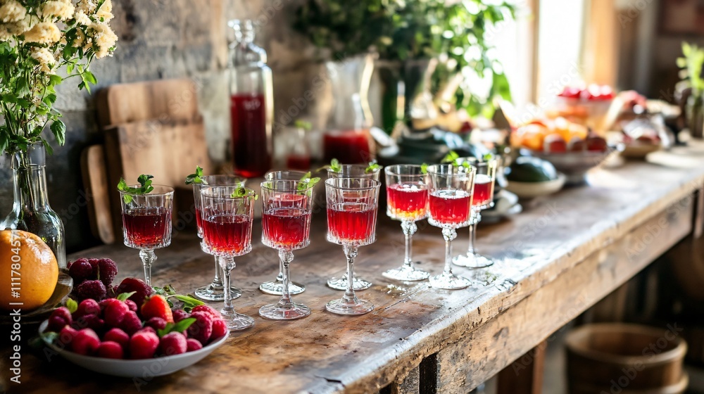 A rustic kitchen counter with Jello shots served in mismatched vintage glasses and fresh fruit scattered around A rustic kitchen counter with Jello shots served in mismatched vintage glasses and fresh fruit scattered around