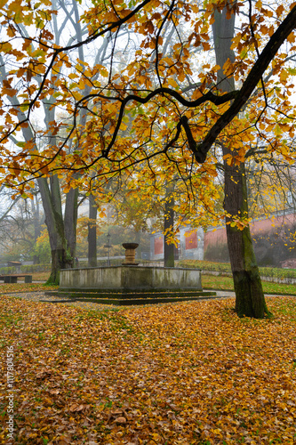 Obraz na płótnie A beautiful autumn scene of the fountain in front of Cesky Krumlov Castle, surrounded by trees with golden leaves, blending nature and historic architecture in a serene atmosphere w salonie