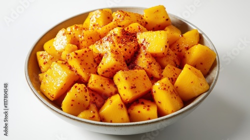 Bright yellow sliced ​​mango served with a little chili powder in a white ceramic bowl, a refreshing and healthy food on an isolated white background.