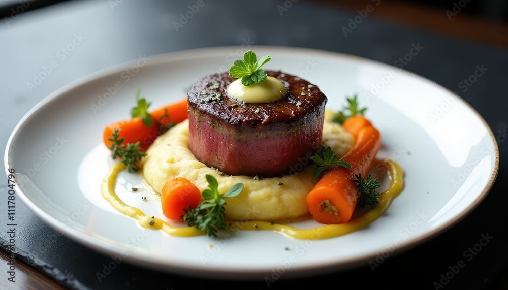Gourmet Beef Filet Mignon Dinner Plate Mashed Potatoes Carrots Sauce Gourmet Beef Filet Mignon Dinner Plate Mashed Potatoes Carrots Sauce