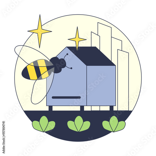 Urban beehive with a bee, cityscape, and plants symbolizing urban beekeeping.