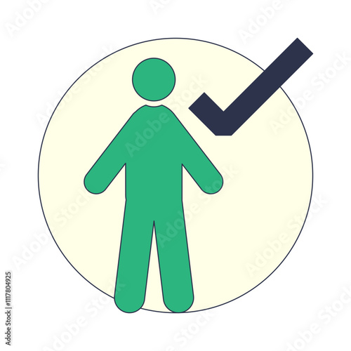 A green figure stands upright with a checkmark, symbolizing approval or correctness.
