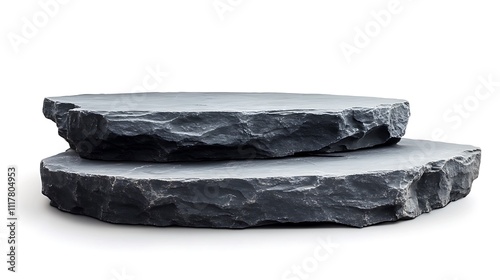 Two stacked black stone podiums isolated on a white background, for product advertising purposes.