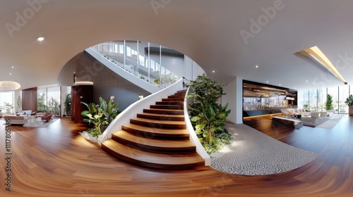 Modern Luxury Apartment Interior Design: Panoramic View of a Stylish Living Space with a Wooden Staircase