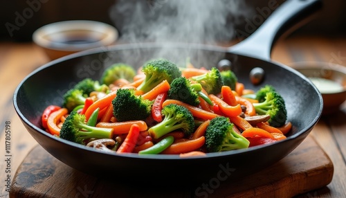 Steaming Hot Vegetable Stir Fry in Wok Healthy Food Broccoli Carrots