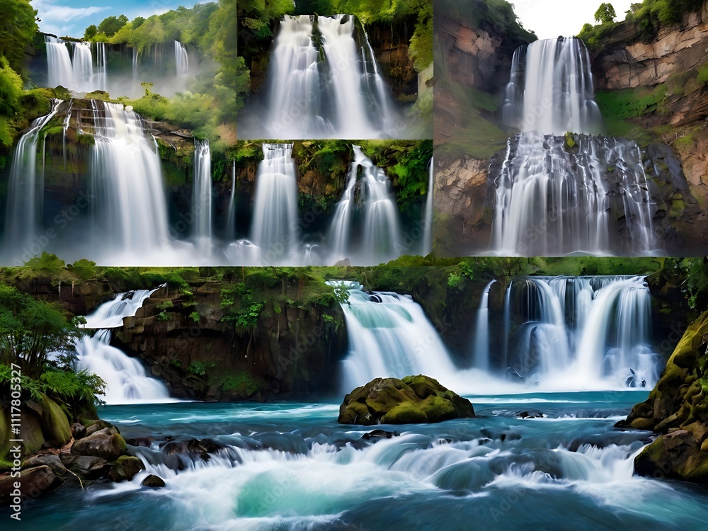 Obraz premium Majestic Waterfalls Cascading Through Lush Green Foliage