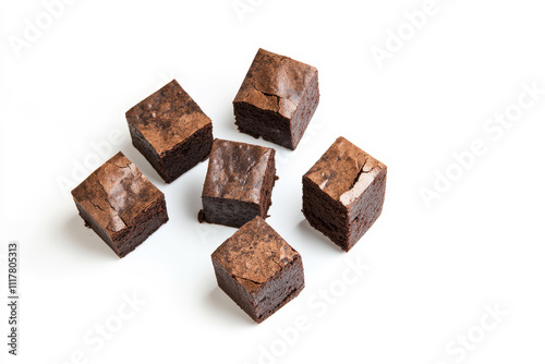 A Close-Up View of Delicious Chocolate Brownie Bites on a White Background Perfect for Dessert Lovers and Food Enthusiasts