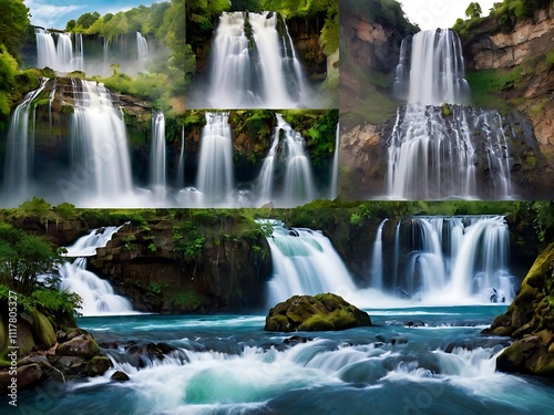 Majestic Waterfalls Cascading Through Lush Green Foliage