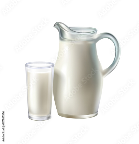 3d realistic vector icon illustration. Milk jug and transparent glass of milk. Isolated on white background.