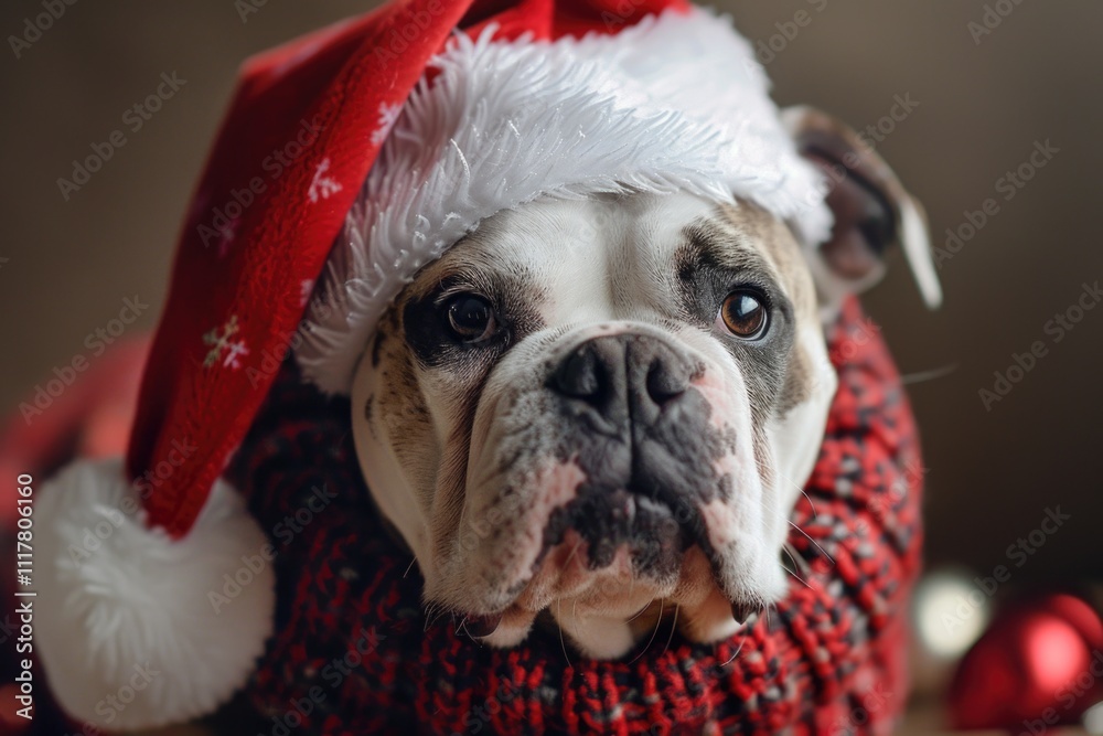 A happy dog wearing a Santa hat and sweater, perfect for holiday season or festive occasion A happy dog wearing a Santa hat and sweater, perfect for holiday season or festive occasion