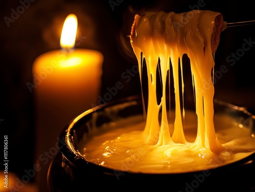 Close-Up of Melting Cheese in Fondue Pot with Delicious Stringy Texture and Soft Candlelight Perfect for Cozy Gatherings or Food Photography photo