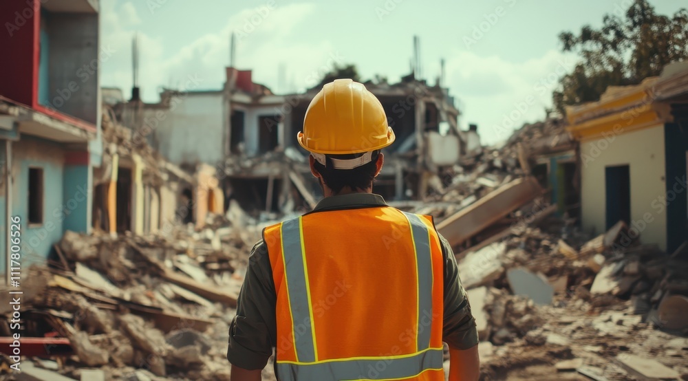 A man in a yellow hard hat and orange vest walks through a rubble area. The scene is chaotic and dangerous, with debris scattered everywhere