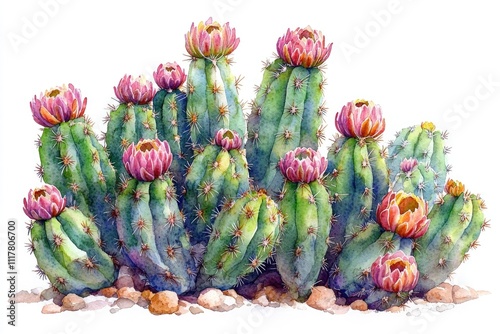 A colorful illustration of a cactus with vibrant flowers and green stems photo